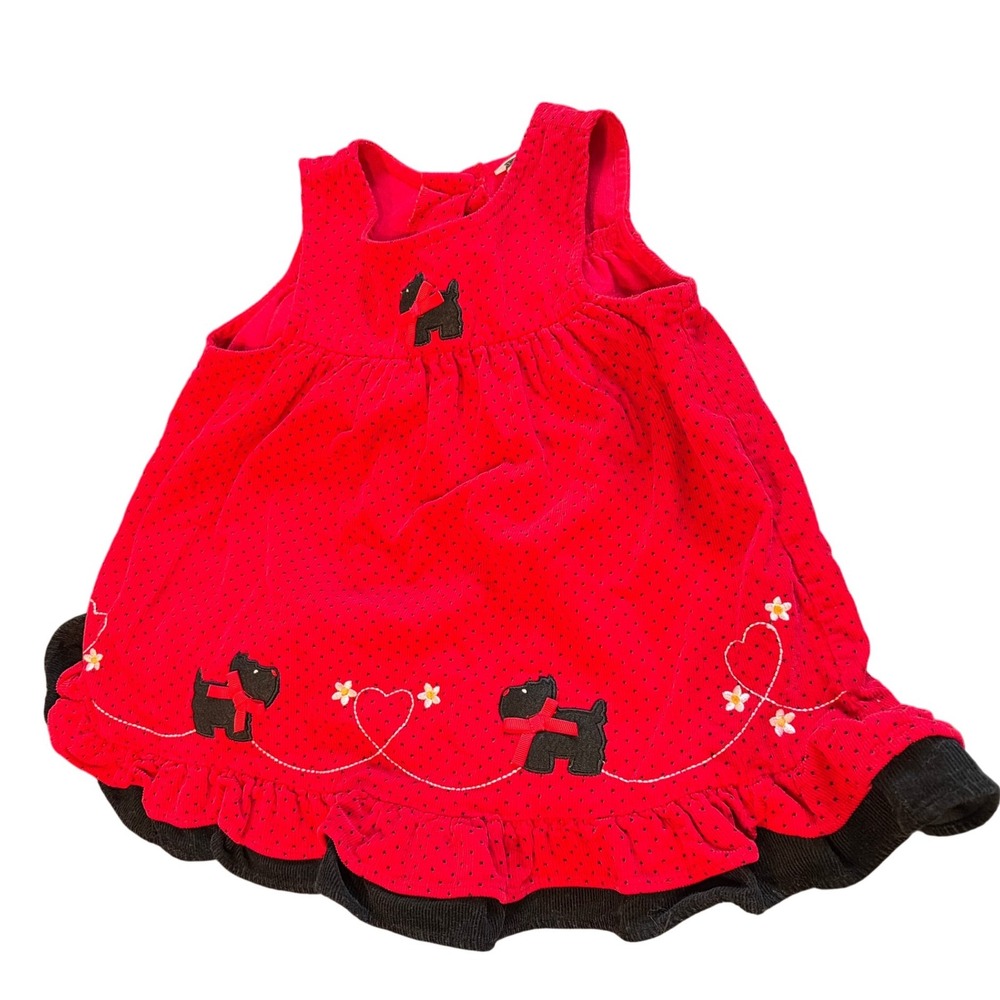 Rare Too! Girls Red Polka Dot Scottie Dog Corduroy Jumper Dress 3T